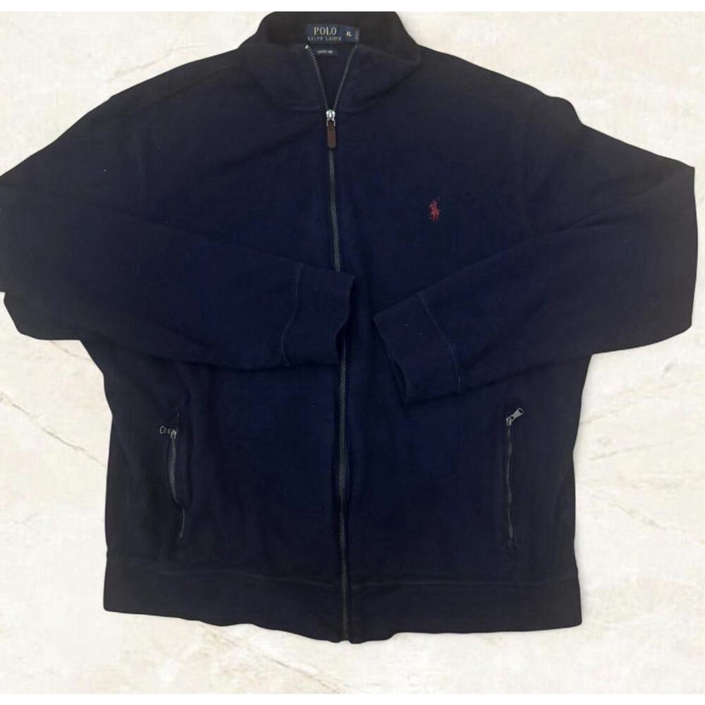 Polo Ralph Lauren Sweater Navy W/ Red Pony Logo Knit Preppy Full Zip XL